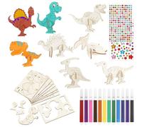 Zocipro 16 pièces Kit de Bricolage en Bois 3D Puzzle Dinosaure à Peindre avec 12 Crayons Aquarelle et 2 Autocollants de Pierres Précieuses pour Anniversaire, DIY