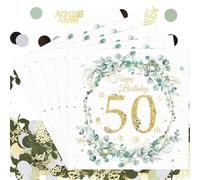 ZOCONE 50 PCS Serviette Papier Anniversaire avec 100 Confettis pour Fête D'anniversaire 50 Ans, Serviette de Table Papier avec Confettis Eucalyptus, Happy Birthday Décorées Femmes Hommes, 33 × 33cm