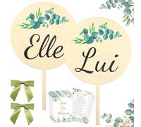 ZOCONE Jeux Mariage pour les Invités - 2 PCS Jeu Elle et Lui pour Mariage, 12 PCS Cartes Quiz des Mariés, Jeu Evjf Elle Moi, Jeu des Binomes, Pancarte en Bois, Contient 2 PCS Nœuds
