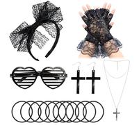 ZOCONE Lot de 6 accessoires de déguisement Madonna des années 80 pour femme, accessoires vintage en dentelle, bandeau, boucles d'oreilles, gants, collier, bracelet, lunettes