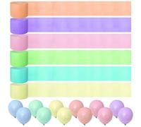 ZOCONE Lot de 6 rouleaux de papier crépon multicolore 4,5 cm x 25 m avec 12 ballons macarons pastel arc-en-ciel serpentins pour décoration de fête, décoration d'anniversaire, mariage