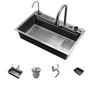 ZOCWJK Évier de cuisine en acier inoxydable 304 à affichage numérique, évier de cuisine cascade unique, avec ensemble de vidange, montage supérieur/encastrable, nettoyage facile (A-74,9 x 46 cm