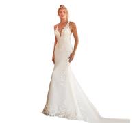 ZODICK Femme Sexy V-Cou Dos Nu Robe de mariée sirène Mode Dentelle sans Manches Robes de Mariage