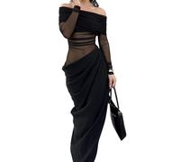 ZODICK Robe Maxi en Maille Patchwork pour Femmes, Élégante, Sexy, Épaules Dénudées, Slim, Robe De Soirée, Mode Automne, Manches Longues, Robe De Vacances,Noir,S