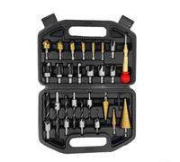 Zoegneer Lot de 26 forets en acier avec pointeau central Localisateur Pyramide Step Bits Trois points Fraise à cinq cannelures Outil de chanfreinage pour le bois, le métal, le cuir et