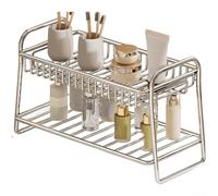 Zoegneer Organiseur de comptoir de salle de bain en acier inoxydable à 2 niveaux avec drainage en forme de L ventilé pour articles de toilette et produits de beauté Argenté 32 x 12,5 x 18,5 cm