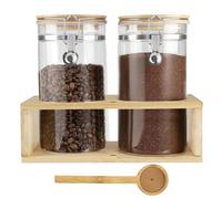 ZoeQide Boîte à café hermétique 1 kg de grains en verre - Récipient à grains de café avec couvercle en bambou et étagère en bois - Bocal de conservation avec cuillère pour café, thé et sucre