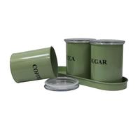 ZoeQide Lot de 3 boîtes de conservation de cuisine en métal - Boîte à café hermétique, boîte à thé, sucrier avec couvercle - Boîtes de rangement vert armée avec plateau, design rétro vintage pour