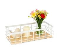 ZoeQide Panier Metal Blanc avec Fond Bois 25 cm, Panier Cuisine Etroit | Corbeille metallique blanche avec base bois, format étroit pour huiles, épices, serviettes ou accessoires sur étagère ouverte