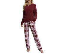 ZOEREA Pyjama Femme Automne Hiver Ensemble 2 Pièces - Manches Longues Col V Tenue de Nuit à Carreaux Vêtement d'Intérieur Rouge, S
