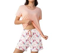 ZOEREA Pyjama Femme Coton Pyjama Femme Ete Ensemble de Shorts à Manches Courtes Vêtements de Détente Légers et Courts Pijama Deux Pièces Douce et Confortable Rose S-XXL