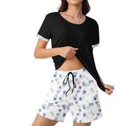 ZOEREA Pyjama Femme Coton Pyjama Femme Ete Ensemble de Shorts à Manches Courtes Vêtements de Détente Légers et Courts Pijama Deux Pièces Douce et Confortable Noir S-XXL
