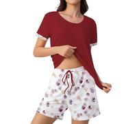 ZOEREA Pyjama Femme Coton Pyjama Femme Ete Ensemble de Shorts à Manches Courtes Vêtements de Détente Légers et Courts Pijama Deux Pièces Douce et Confortable Rouge S-XXL