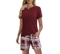 ZOEREA Pyjama Femme Été 2 Pièces - Ensemble Short à Manches Courtes Col V - Tenue de Nuit à Carreaux - Vêtement d'Intérieur Rouge, L