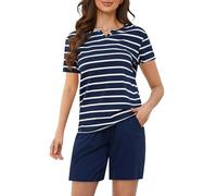ZOEREA Pyjama Femme Été 2 Pièces - Ensemble Short à Manches Courtes Col V - Tenue de Nuit à Carreaux - Vêtement d'Intérieur Bleu Marine, L