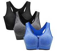 ZOEREA Soutien-Gorge de Sport Femme Zippée Devant Push Up sans Armature Lingerie Bra Courir Vest Coussinets Amovibles pour Fitness Jogging Yoga Course,Noir + Gris + Bleu,S (Lot de 3)
