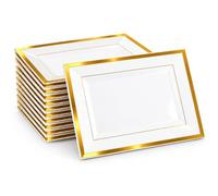 ZOFUN Lot de 10 plateaux de service en plastique blanc avec bord doré, 33 x 20 x 1,5 cm, rectangulaires, pour buffets, sushis, restauration, buffets, anniversaires