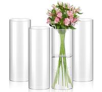 ZOFUN Lot de 4 vases cylindriques modernes en verre - 25 cm de haut - Grand vase rond en verre transparent - Pour orchidées, roses, tulipes, herbe de la pampa - Décoration de table