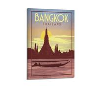 ZOGJIN Poster de voyage Bangkok Thaïlande, silhouette du temple et du bateau à longue queue. jpg Poster moderne sur toile décorative esthétique 30 x 45 cm style cadre