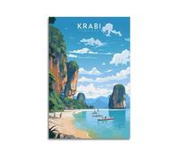 ZOGJIN Poster de voyage Krabi Thaïlande, plage pittoresque avec falaises et bateaux à longue queue. jpg Poster moderne sur toile décorative esthétique 30 x 45 cm, sans cadre