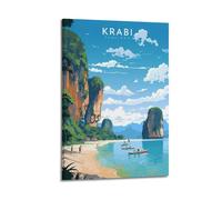ZOGJIN Poster de voyage Krabi Thaïlande, plage pittoresque avec falaises et bateaux à longue queue. jpg Poster moderne sur toile décorative esthétique style cadre 50 x 75 cm