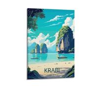 ZOGJIN Poster de voyage Krabi Thaïlande, plage tropicale avec falaises calcaires et bateaux.jpg Poster moderne sur toile décorative esthétique 20 x 30 cm style cadre
