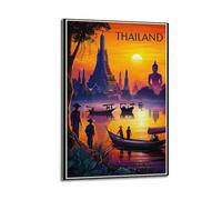 ZOGJIN Poster de voyage Thaïlande, coucher de soleil de rivière avec temples et figurines de bateau. jpg Poster moderne sur toile décorative esthétique 60 x 90 cm style cadre