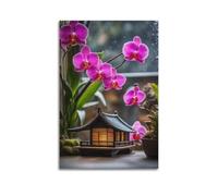 ZOGJIN Poster zen - Orchidées violettes et japonais traditionnel - Style lanterne moderne - Impression sur toile esthétique - 20 x 30 cm - Sans cadre