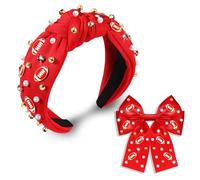 ZOLEAROPY Bandeau de football pour femme avec nœud de football blanc, noir, rouge, pinces à cheveux avec perles et strass - Accessoire de football tendance (rouge-blanc)