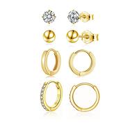 Zolkamery Ensamble de Boucles d'oreilles Femme Argent Fin 925 Uni/avec Zircon Cubique/en Forme de Boule, petites créoles Plaqué Or de 12 mm, Clous d'oreilles Hypoallergéniques de 5 mm