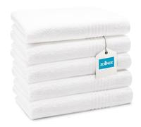 ZOLLNER Lot de 5 Serviettes de Douche 70x140 cm - Serviettes très absorbantes en Blanc - avec Crochet Pratique - avec Bordure rayée - lavables jusqu'à 95 °C - Coton - qualité hôtelière