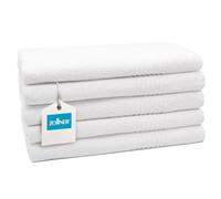 ZOLLNER Lot de 5 Serviettes de Sauna 70x180 cm - Serviettes Blanches très absorbantes - avec Crochet Pratique - avec Bordure rayée - lavables jusqu'à 95 °C - Coton - qualité hôtelière