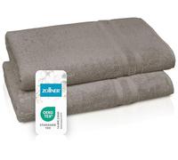 ZOLLNER Set de 2 draps de Sauna en 70x180 cm - Serviettes moelleuses en Coton - avec Bordure Moderne à Rayures - lavables jusqu'à 60°C - avec accroche Pratique - en Fango - qualité hôtelière