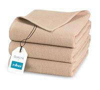 ZOLLNER Set de 3 draps de Douche en 70x140 cm - Serviettes durables en Beige - avec accroche Pratique - Motif gaufré Intemporel - Lavable à 95°C - Coton - qualité hôtelière