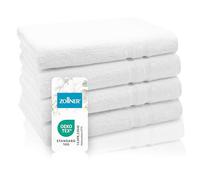 ZOLLNER Set de 4 Serviettes de Douche en 70x140 cm - Linge de Douche Moelleux en Coton - avec Bordure Moderne à Rayures - Lavable à 95°C - avec accroche Pratique - en Blanc - qualité hôtelière