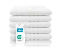 ZOLLNER Set de 5 Serviettes de Bain en 100x150 cm - Serviettes de Bain moelleuses en Coton - avec Bordure Moderne à Rayures - lavables à 95°C - avec accroche Pratique - en Blanc - qualité hôtelière