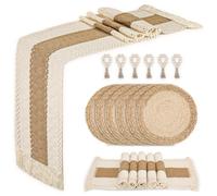 Zology Ensemble de 6 sets de table avec assiettes de charge, sets de table, chemin de table et anneaux à serviette, en toile de jute de coton naturel et en enveloppe de maïs, sets de table