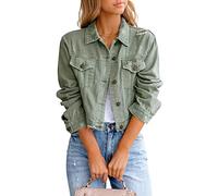 ZOLUCKY Veste en jean déchirée pour femme - Style décontracté - Boutonnée, E Gris Vert, X-Large