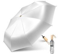 ZOMAKE Grand Parapluie Pliant Anti UV,Parapluies Compact Solide Anti TempêTe,Ombrelle Soleil Automatique Avec Poignée En Bois Pour Homme Femme(Argent Noir)