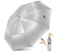 ZOMAKE Grand Parapluie Pliant Anti UV,Parapluies Compact Solide Resistant au Vent Avec Double Canopée Ventilée,Ombrelle Soleil Automatique Avec Poignée En Bois(Argent Bleu Marine)