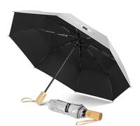 ZOMAKE Parapluie Pliant Anti Uv,Parapluies Compact Automatique Anti TempêTe,Petit Ombrelle Soleil Solide Avec PoignéE En Bois Pour Homme Femme(Argent Noir)