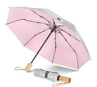 ZOMAKE Parapluie Pliant Anti Uv,Parapluies Compact Automatique Anti TempêTe,Petit Ombrelle Soleil Solide Avec PoignéE En Bois Pour Homme Femme(Argent Rose)