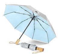 ZOMAKE Parapluie Pliant Anti Uv,Parapluies Compact Automatique Anti TempêTe,Petit Ombrelle Soleil Solide Avec PoignéE En Bois Pour Homme Femme(Argent Bleu Clair)