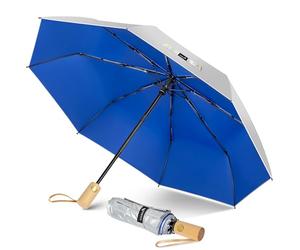 ZOMAKE Parapluie Pliant Anti Uv,Parapluies Compact Automatique Anti TempêTe,Petit Ombrelle Soleil Solide Avec PoignéE En Bois Pour Homme Femme(Argent Bleu Marine)