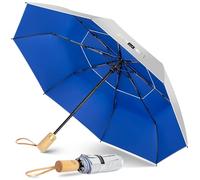ZOMAKE Parapluie Pliant Anti UV,Parapluies Compact Automatique Resistant au Vent Avec Double Canopée Ventilée,Petit Ombrelle Soleil Solide Avec Poignée En Bois(Argent Bleu Marine)