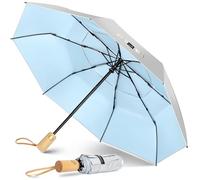 ZOMAKE Parapluie Pliant Anti UV,Parapluies Compact Automatique Resistant au Vent Avec Double Canopée Ventilée,Petit Ombrelle Soleil Solide Avec Poignée En Bois(Argent Bleu Clair)