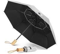 ZOMAKE Parapluie Pliant Anti UV,Parapluies Compact Automatique Resistant au Vent Avec Double Canopée Ventilée,Petit Ombrelle Soleil Solide Avec Poignée En Bois(Argent Noir)