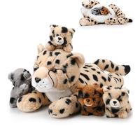Zomiboo Set 5 Animaux en Peluche Guépard Grande Peluche Maman Guépard 4 Bébés Guépards Doux et Câlins dans Son Ventre pour Garçons Filles Anniversaire Cadeaux Fin d'Études Décors Fête(Style Allongé)