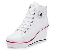 Zomiee Baskets Mode Compensées Montante Sneakers Plateforme Chaussure de Tennis Casuel Haute Talon Tennis Chaussures de Sport Chaussures en Toile Femme (37 EU, Blanc)
