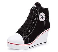 Zomiee Baskets Mode Compensées Montante Sneakers Plateforme Chaussure de Tennis Casuel Haute Talon Tennis Chaussures de Sport Chaussures en Toile Femme (37 EU, Noir)